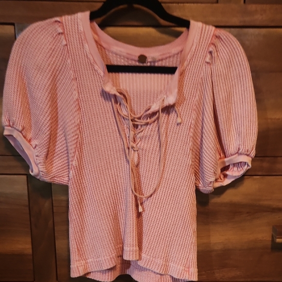 Free People Pink and White Puff Sleeve Blouse with Ruffled Tie Front - Picture 1 of 7